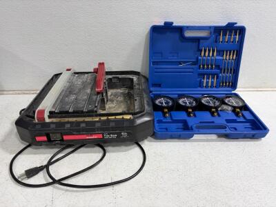 Drill Master 4-1/2" Wet Tile Saw 120V + 4-Gauge Cylinder Compression Tester Kit. Saw powers on