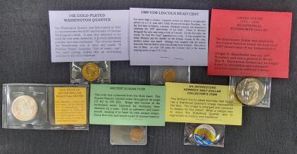 (1) 24K Gold-Plated Washington Quarter (1) Old Mexican Silver Dollar 1966 Mexican Peso Minted From Silver (1) United Stated 1776-1976 Bicentennial Eisenhower Dollar And More