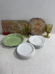 Vintage Metlox Poppytrail Pie Dish, White Embossed Plates, Placemats, Trivets & Goblets Set