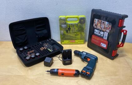 Cordless Drill, Black & Decker Screwdriver, Ryobi 60-Piece Bit Set, First Aid, Battery Organizer Lot
