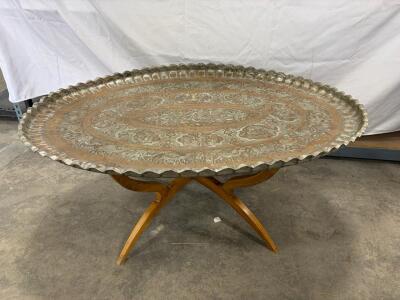 Large Moroccan Hand-Engraved Brass Tray Table with Hardwood Folding Base, 38" Diameter