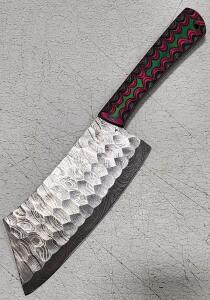 (1) Fixed Blade Damascus Steel Cleaver Knife With Wood Handle
