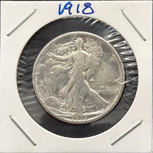 1918 Walking Liberty Half Dollar 90% Silver 30.6mm U.S. Coin, Circulated