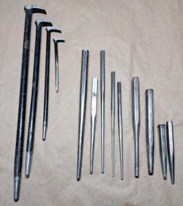 (1)4-Piece Rolling Head Prybar Set & (9) Assorted Punches