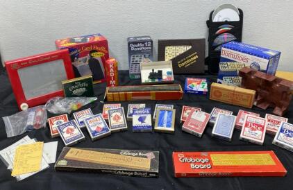 Game Lot - Proffessional Dominoes - Etch a Sketch - Cribbage - Canasta - Pinochle and More