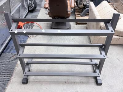 Heavy-Duty 3-Tier Steel Dumbbell Rack, Grey Powder Coat, Fits 10 Pairs, 48"x24"x36", Angled Shelves