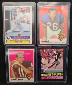 (1) Vintage 1979 Topps Johnny Bench Baseball Card (1) 1969 Topps Football Card Bennie McRae #73 (1) 1985 Topps #6 Walter Payton "Record Breaker" Football Card (1) Vintage 1969 Topps Football Chicago Bears Jack Concannon Card