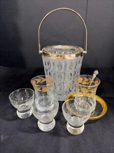 Vintage Bohemia Style Crystal Cut Glass Ice Bucket, Etched and Gilt Glasses, Silver Spoons Set