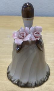 Victoria Japan Porcelain Bell with Pink Roses, Gold Trim, Handcrafted Floral, c. 1980s, 5"