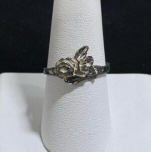 Sterling Silver 925 Flower Motif Ring, Vintage Tarnished Finish, Floral Rose Design, Marked