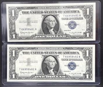 1957B $1 Silver Certificate Consecutive Pair, Blue Seal, Dillon-Granahan Signatures, Crisp Notes