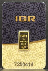 IGR 1g Fine Gold Bar, 999.9 Fineness, Assay Certified, Serial: 7250414