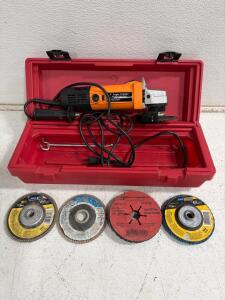 Chicago Electric 4" Angle Grinder 570W 10,000 RPM Kit with 8 Discs, Handle, Red Case. Powers on.