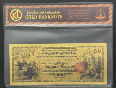 Gold Banknote 24K Gold 99.9% Purity, $50, First National Bank of Cleveland