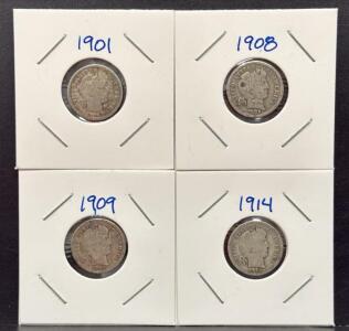 1901, 1908, 1909, 1914 Barber Dimes, US Coins, Silver Content, Charles E. Barber Design