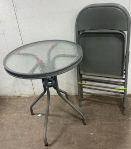 (2) Grey Metal Chairs - Outdoor Round Table 28x24