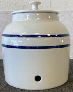Ceramic Water Crock Dispenser, White with Blue Stripes, Lid Included, 2-3 Gallon, No Spigot