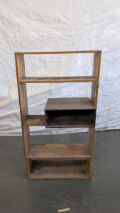 Wooden Bookshelf w/ Metal Drawer Compartment, 60"x32"x17", 4 Shelves, Fixed, Rustic Finish