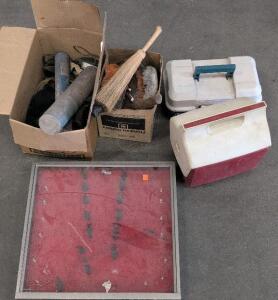 Workshop Tools Lot: Tackle Box with Hand Tools, Gloves, Buffing Wheels, Cooler & Display Case