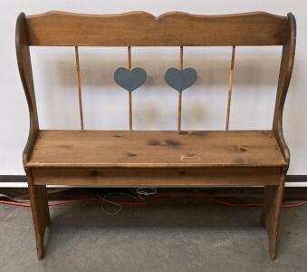 Country Style Wooden Bench with Blue Heart Cutouts, Solid Wood, 38"x15"x32", Seats 2