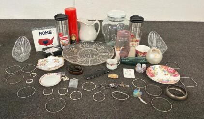Mixed Lot: Rosina Bone China, Rubbermaid Tumblers, Glassware, Costume Jewelry, Money Clip