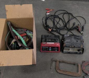 Schumacher SE-82-6 Battery Chargers, Heavy-Duty Clamps, Sanding Belts Lot, Garage Tools