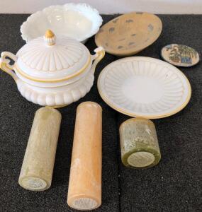Vintage Porcelain Tureen, Gold-Rim Plates, Decorative Bowls & Timber Pillar Candles &ndash; 9-Piece Lot