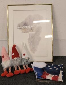 Limited Edition Stonebow Print 389/750 Framed, 3 Plush Gnomes, US Flag 3x5 ft