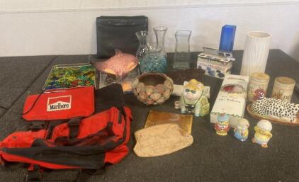 Vintage Marlboro Bag, Liquid Leather Kit, Novelty Ceramics, Glass Decor, 15+ Item Lot