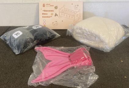 Robud Rocking Doll Cradle Playset, Wooden Construction, Includes Pillow, Blanket, and Pink Flippers