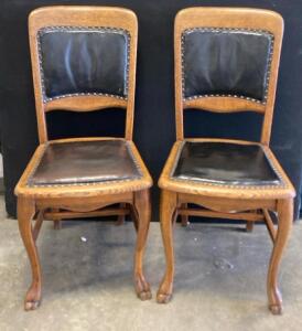 Pair of Antique Oak Side Chairs with Black Leather Seats & Paw Feet, Early 20th Century