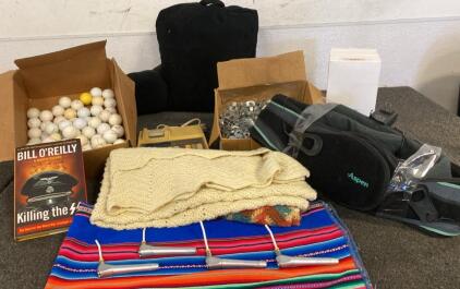 Mixed Lot: Aspen Back Brace, Golf Balls (40+), Book, Retro Device, Blankets, Metal Clamps