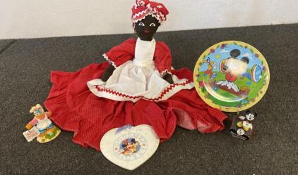 Vintage Mammy Cloth Doll, Disney Mickey Mouse Plates & Clock, Figurine Collectibles Lot