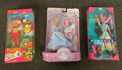 Barbie Happy Meal Stacie 1994, Disney Dancing Princess Cinderella 1999, COOL Crimp Courtney 1993, All Sealed