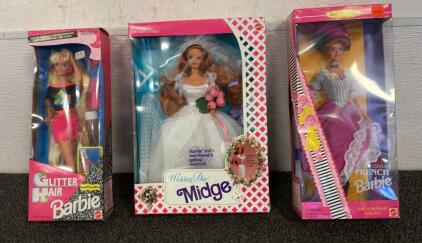 Glitter Hair Barbie, Wedding Day Midge, French Collector Barbie, NIB, Mattel, 1991-1996