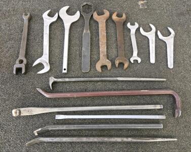 Mixed Lot: 16 Large Metal Hand Tools &ndash; Open-End Wrenches, Pry Bars, Tire Iron, Punches, Various Sizes