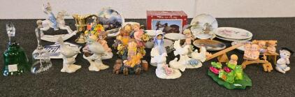 Mixed Decorative Ceramics & Glassware Lot: 5 Cups & Saucers, Plates, Figurines, Bells, Vintage Ornaments