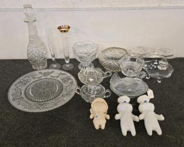 Vintage Pressed Glassware Collection with Decanter, Hen Dish & 3 Pillsbury Doughboy Figures