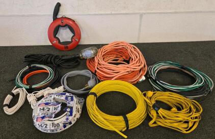 Bulk Lot: Extension Cords, Gardner Bender Fish Tape, Romex 14/2 Wire Roll, Work Light, Tools
