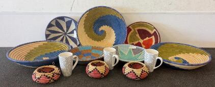 Handwoven African Style Basket Set (10) Multicolor + 3 Ceramic Affirmation Mugs