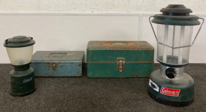 (2) Metal Tool Boxes And (2) Coleman Lamps