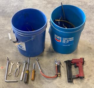 Large Lot: Hand & Pneumatic Tools in 2x 5-Gal Buckets &mdash; Air Nailer, Wrenches, Screwdrivers, More