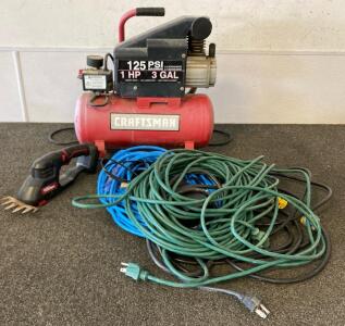 Craftsman 3-Gal 1HP 125 PSI Air Compressor, Extension Cords, Cordless Hedge Trimmer