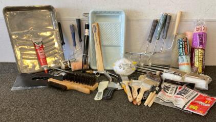 Large Lot of Painting Tools &ndash; 9 Brushes, 4 Roller Covers, 6 Frames, 2 Trays, Trays & Accessories