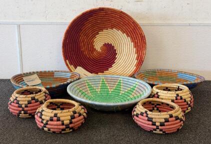 Handmade Rwandan Basket Set, 8-Piece, Colorful Coiled Sisal & Sweetgrass, Imigongo Style Patterns