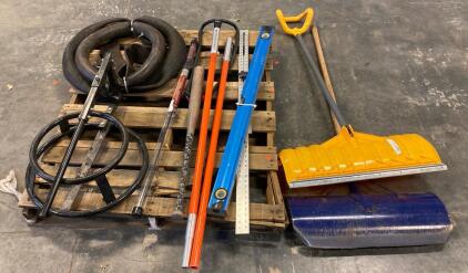 Mixed Lot: Garant 24" Snow Shovels, Tire Changer, Measuring Tools & Tire Tubes