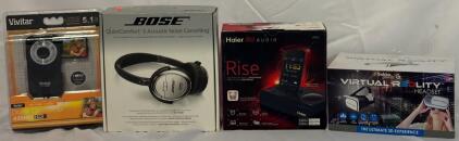 Virtual R3Dlity Headset, Quiet Comfort 3 Acoustic Noise Cancelling Headphones, Vivitar Digital Camcorder & Haier Alarm Clock