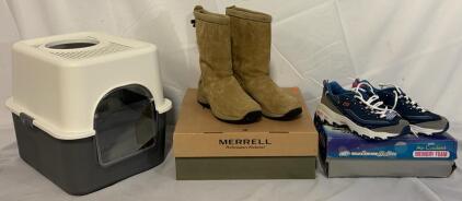 Merrell Women&rsquo;s Boots (9.5), Sketchers Womens Running Shoes (8) & Cat Litter Box