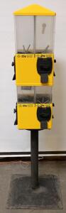 Dual-Head Yellow Gumball & Candy Vending Machine, 25&cent; Coin Mechs, Stand, Manual Operation 60" Tall, 12"x12"