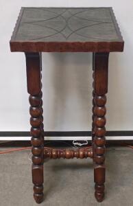 Antique Bobbin-Leg Square Side Table, 16"x16" Top, 31" Height, Wood Frame, Geometric Inset Top